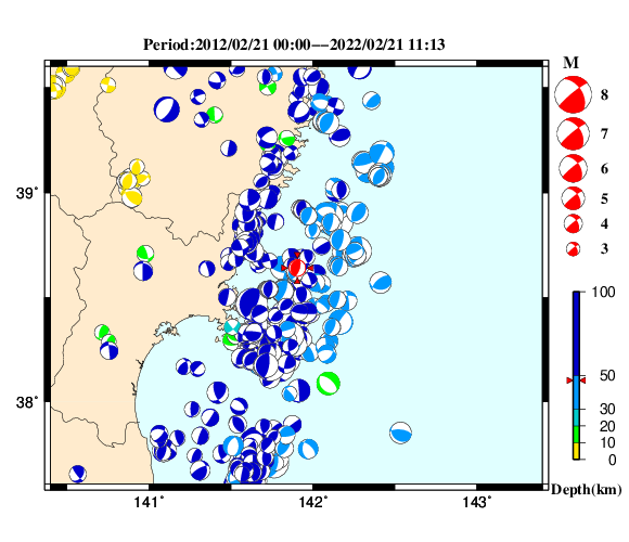 過去に起きた地震の初動発震機構解