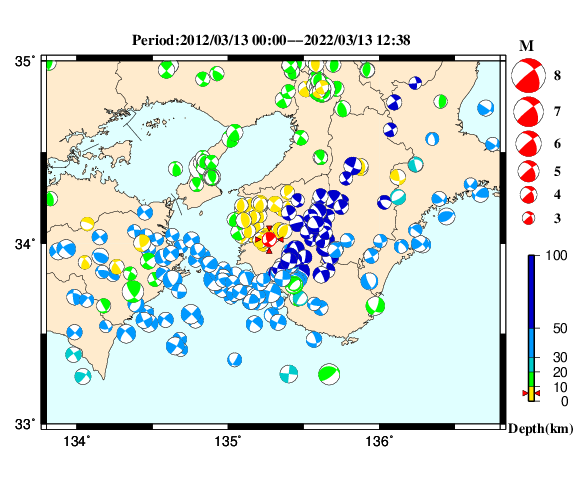 過去に起きた地震の初動発震機構解