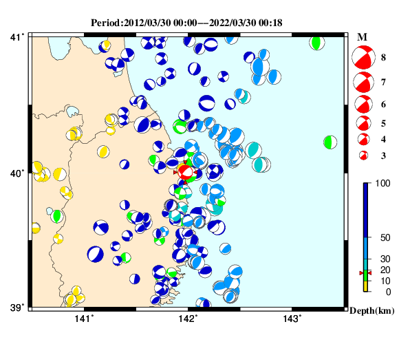 過去に起きた地震の初動発震機構解