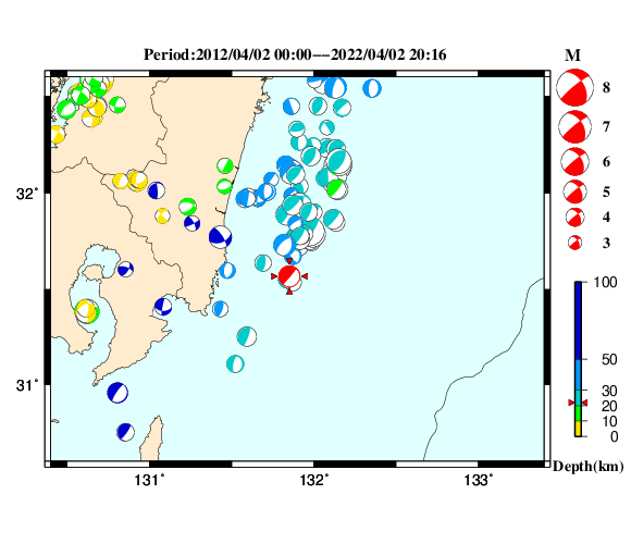 過去に起きた地震の初動発震機構解