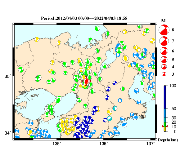 過去に起きた地震の初動発震機構解