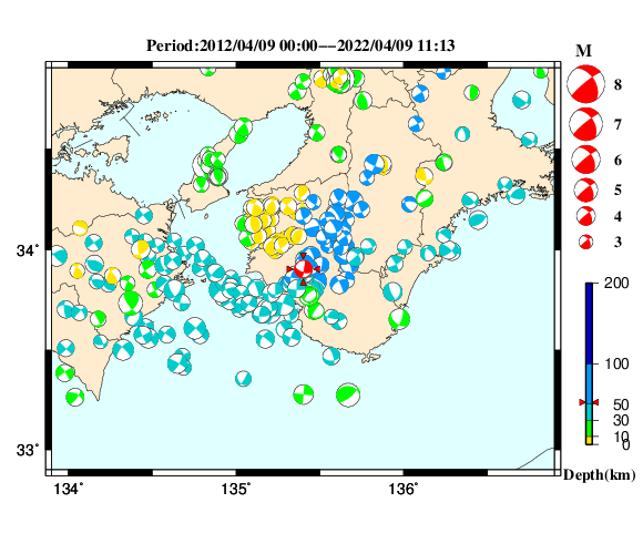過去に起きた地震の初動発震機構解