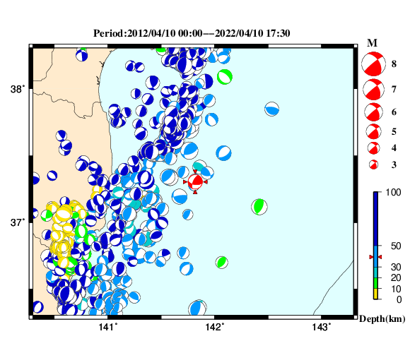 過去に起きた地震の初動発震機構解