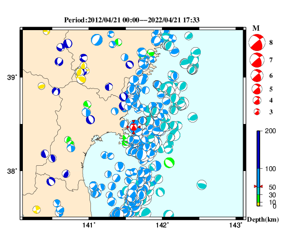 過去に起きた地震の初動発震機構解