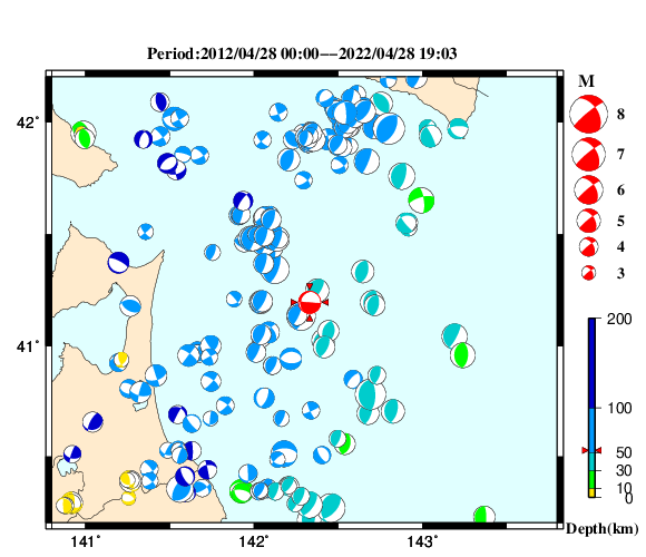 過去に起きた地震の初動発震機構解