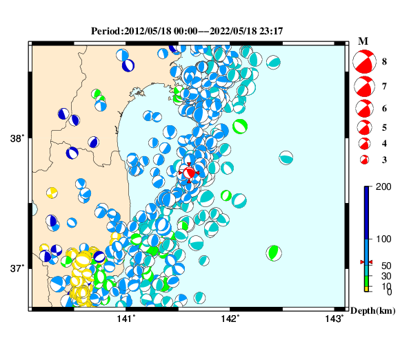 過去に起きた地震の初動発震機構解