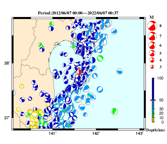 過去に起きた地震の初動発震機構解