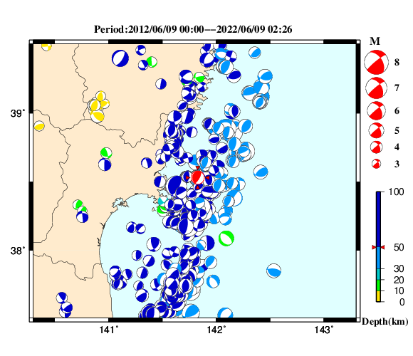 過去に起きた地震の初動発震機構解