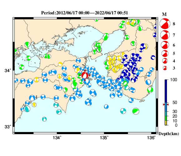 過去に起きた地震の初動発震機構解