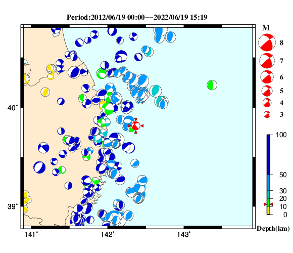 過去に起きた地震の初動発震機構解