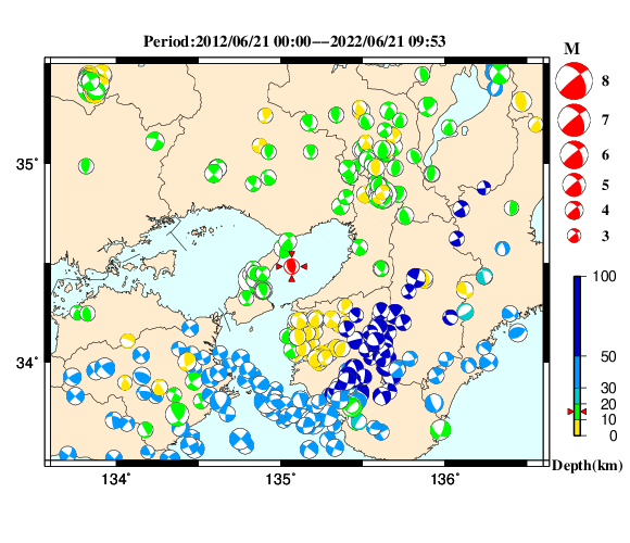 過去に起きた地震の初動発震機構解