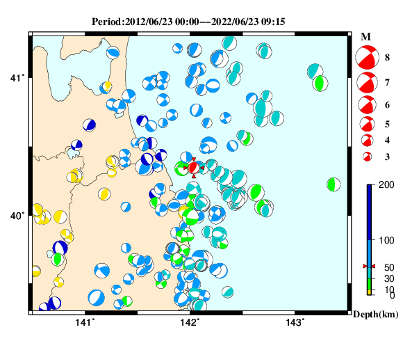 過去に起きた地震の初動発震機構解