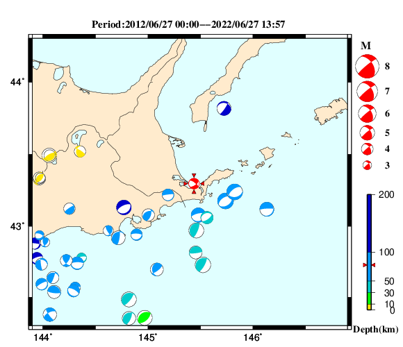 過去に起きた地震の初動発震機構解