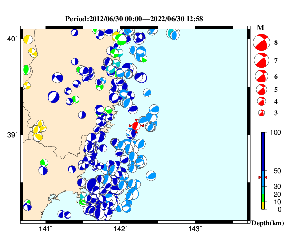 過去に起きた地震の初動発震機構解