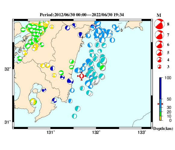 過去に起きた地震の初動発震機構解