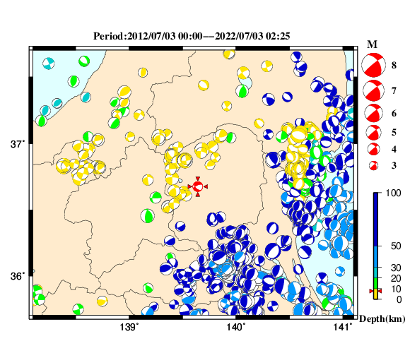 過去に起きた地震の初動発震機構解