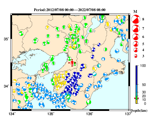 過去に起きた地震の初動発震機構解