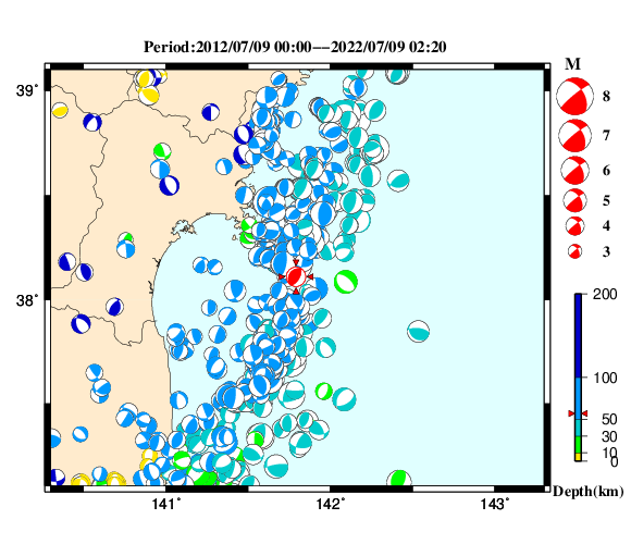 過去に起きた地震の初動発震機構解