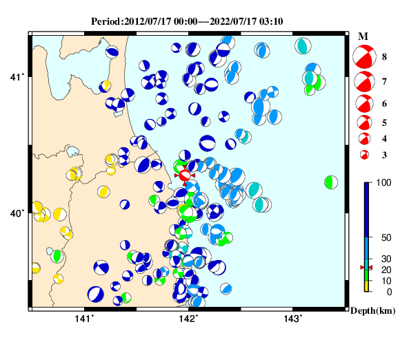 過去に起きた地震の初動発震機構解