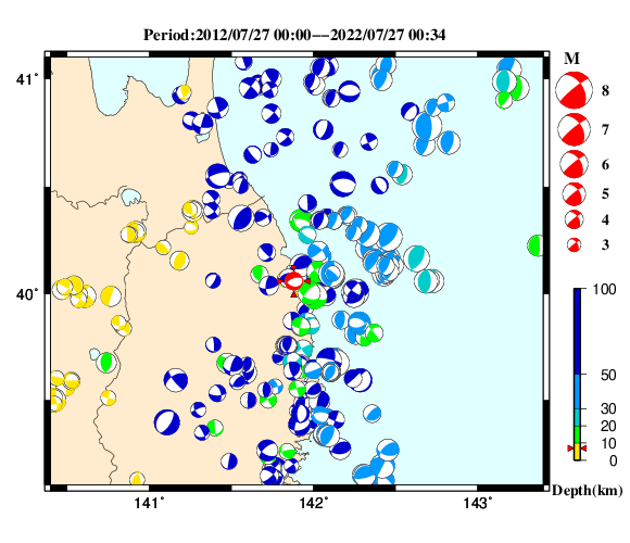 過去に起きた地震の初動発震機構解