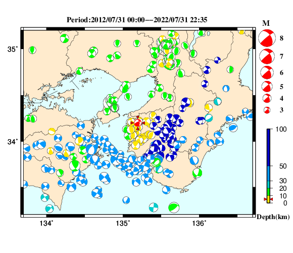 過去に起きた地震の初動発震機構解
