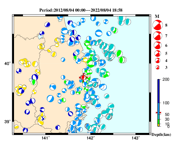 過去に起きた地震の初動発震機構解