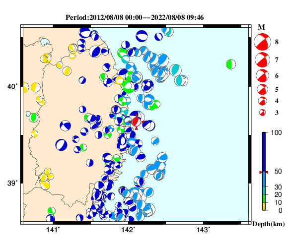 過去に起きた地震の初動発震機構解