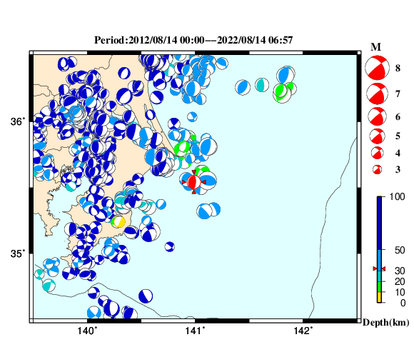 過去に起きた地震の初動発震機構解