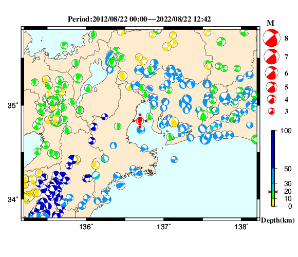 過去に起きた地震の初動発震機構解