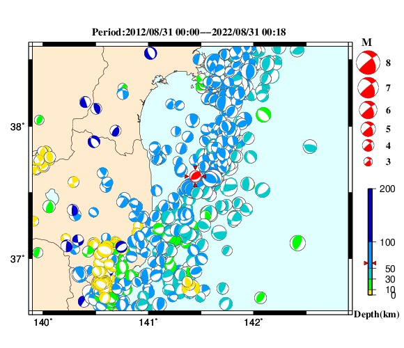 過去に起きた地震の初動発震機構解