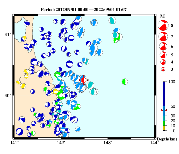 過去に起きた地震の初動発震機構解