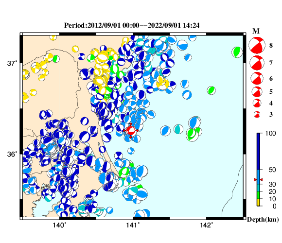 過去に起きた地震の初動発震機構解