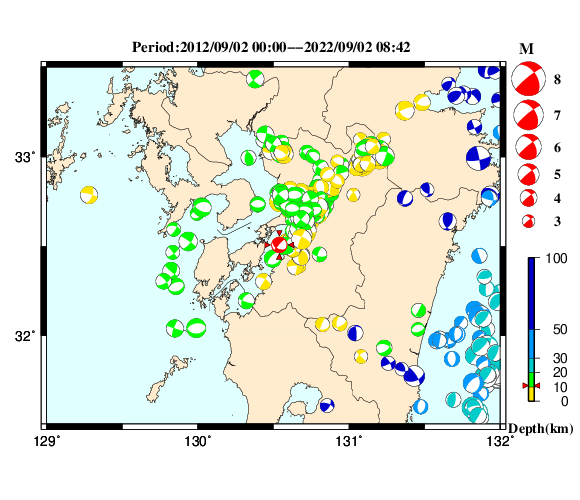 過去に起きた地震の初動発震機構解