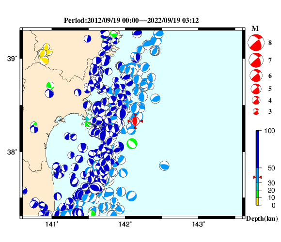 過去に起きた地震の初動発震機構解