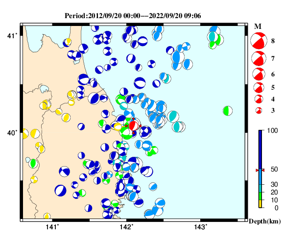 過去に起きた地震の初動発震機構解