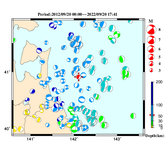 過去に起きた地震の初動発震機構解