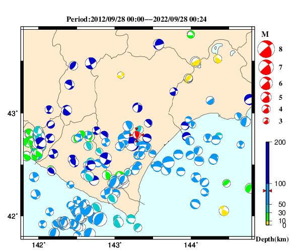 過去に起きた地震の初動発震機構解