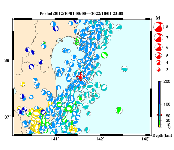 過去に起きた地震の初動発震機構解