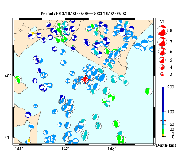 過去に起きた地震の初動発震機構解