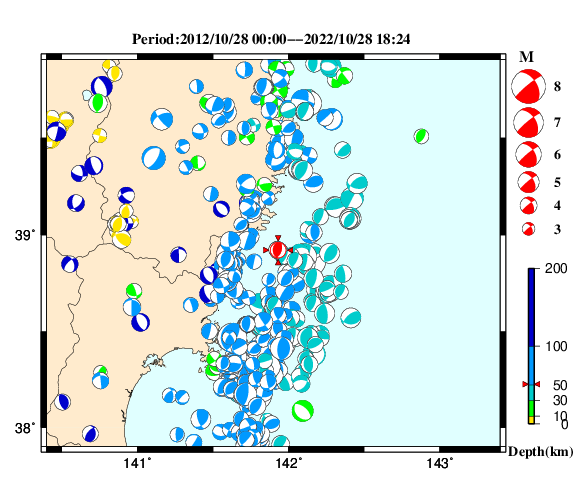 過去に起きた地震の初動発震機構解