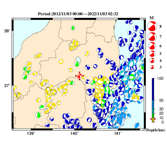 過去に起きた地震の初動発震機構解