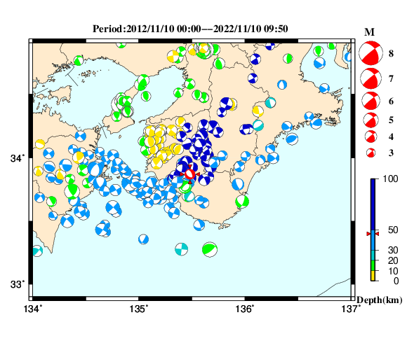 過去に起きた地震の初動発震機構解