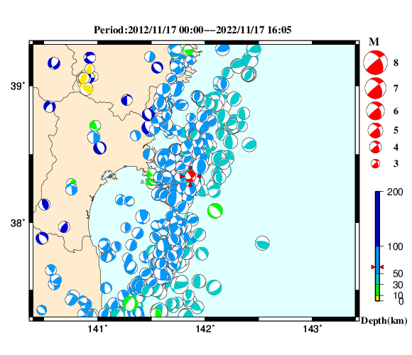 過去に起きた地震の初動発震機構解