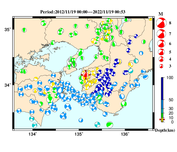 過去に起きた地震の初動発震機構解