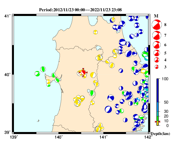 過去に起きた地震の初動発震機構解