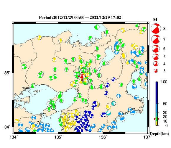 過去に起きた地震の初動発震機構解