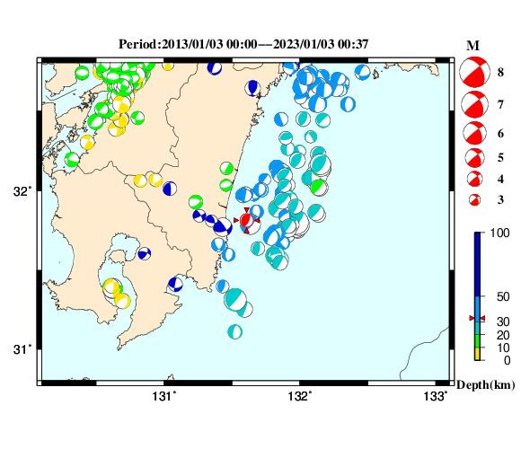 過去に起きた地震の初動発震機構解