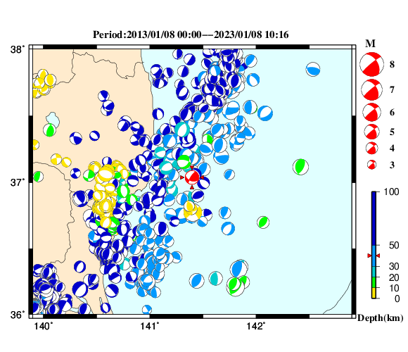 過去に起きた地震の初動発震機構解