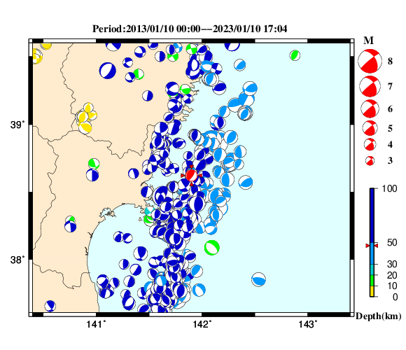 過去に起きた地震の初動発震機構解