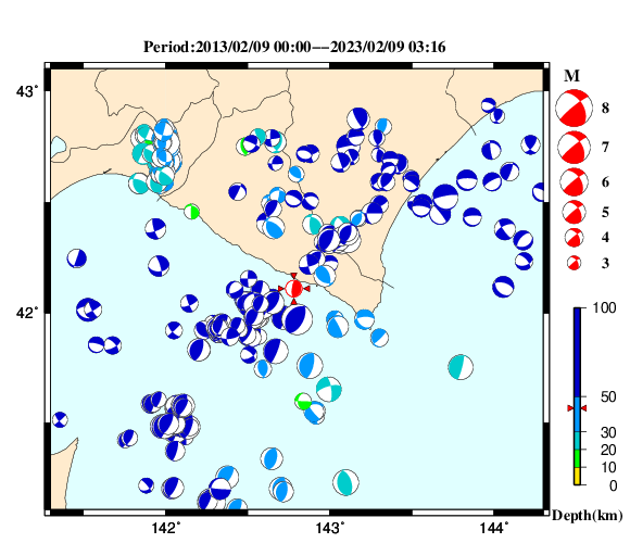 過去に起きた地震の初動発震機構解